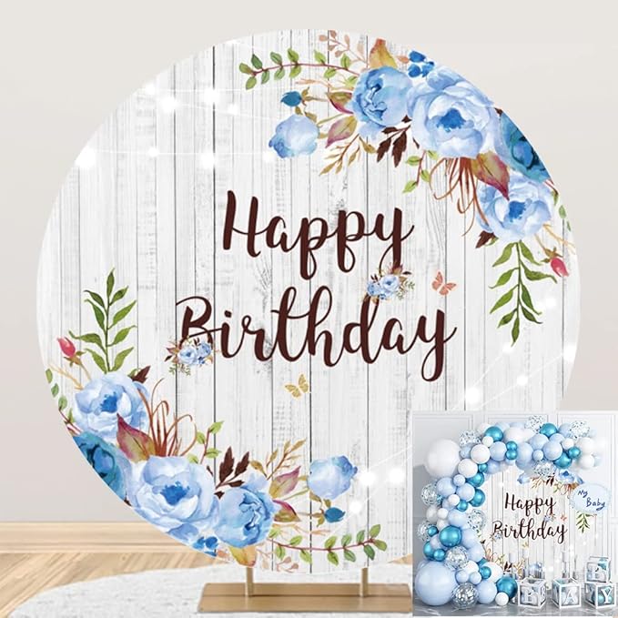 OERJU Happy Birthday Round Backdrop Cover Rustic Wood Blue Floral Flowers Birthday Background for Photography Girls Women Birthday Party Circle Backdrop Cover Cake Table Decoration 6.5x6.5ft
