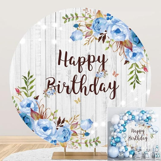 OERJU Happy Birthday Round Backdrop Cover Rustic Wood Blue Floral Flowers Birthday Background for Photography Girls Women Birthday Party Circle Backdrop Cover Cake Table Decoration 6x6ft