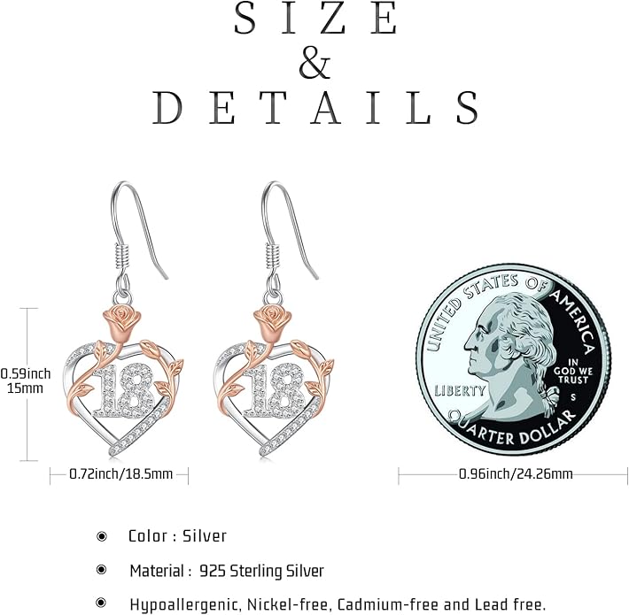 15th/ 16th/ 18th/ 50th/ 60th/ 80th Birthday Gifts for Women Daughter 925 Sterling Silver Love Heart Rose Flower Drop & Dangle Earrings Birthday Mothers Day Christmas Anniversary Graduation Jewelry