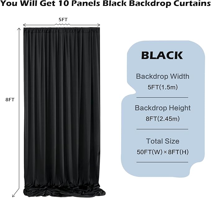 50ft x 8ft Wrinkle Free Black Backdrop Curtain for Parties Weddings, 10 Panels Silk Polyester Black Drapes for Backdrop 10 ft Photo Back Drop Cloth for Birthday Graduation Photography Background