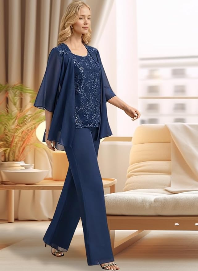 3 Pieces Mother of The Bride Pant Suits Long Laces Appliques 3/4 Sleeves Chiffon Mother of The Groom Dress