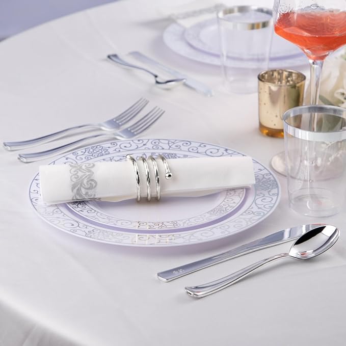 LIYH 700 Pcs Silver Plastic Disposable Dinnerware Set for 100 Guests - Plastic Plates for Party Includes Disposable Plates, Cups, Wedding Napkins and Cutlery Elegant White & Silver
