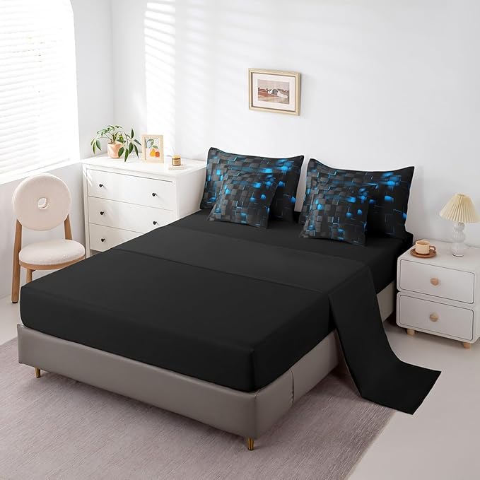 Feelyou Blue and Black Bedding Set Full Size Kids Light Geometric Comforter Set with Sheets 7 Piece Bed in a Bag forModern Bed Set with Comforter,Sheets,Pillowcases,Cushion Covers