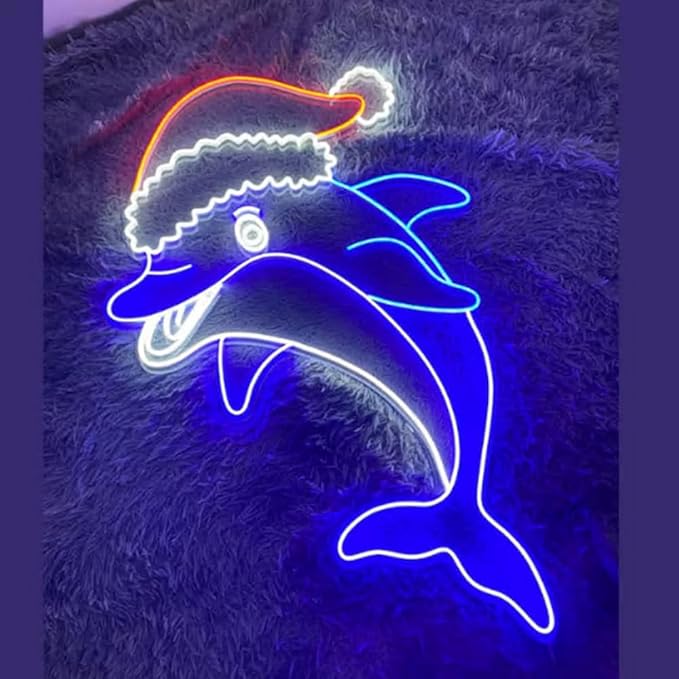 Dolphin Christmas Neon Sign, Dolphin Santa Claus Led Sign, Xmas Holiday Decoration, Merry Christmas Party LED Wall Sign Size:23inches