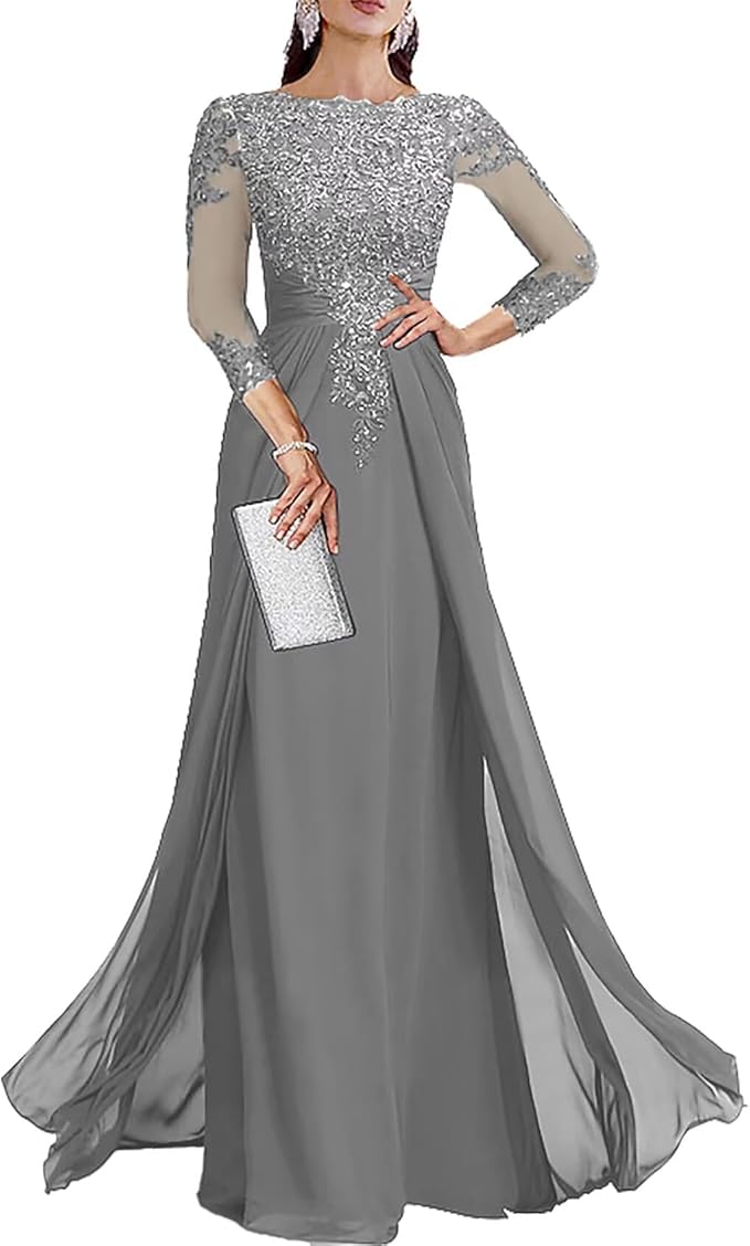 Long Sleeve Mother of The Bride Dresses for Wedding Lace Appliques Chiffon Formal Dress He6052