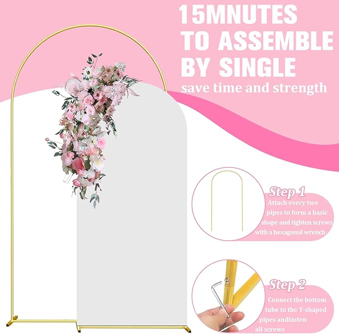 6.6FT Arch Backdrop Stand and Arch Cover Set, Gold Metal Arch Stand Backdrop with White Arch Stand Cover Ideal for Weddings, Birthday Parties, Baby Showers, Celebration Decorations