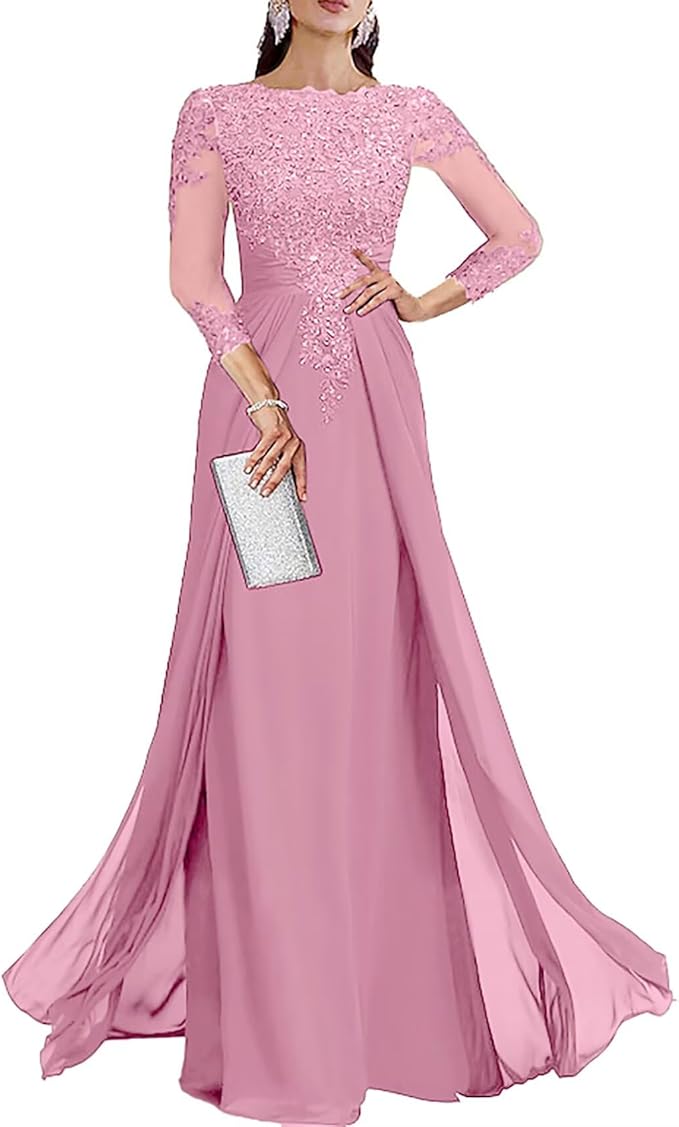 Long Sleeve Mother of The Bride Dresses for Wedding Lace Appliques Chiffon Formal Dress He6052