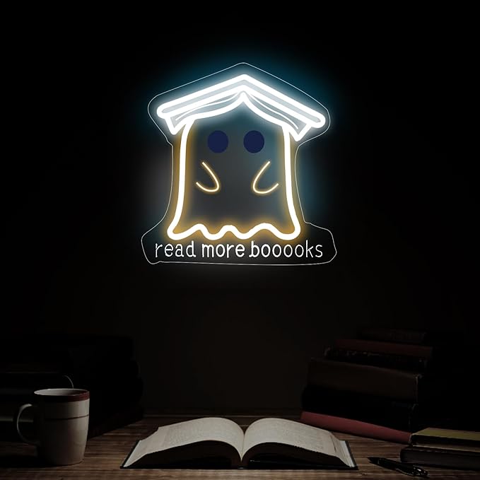 Read More Books Neon Sign, Cute Ghost Reader LED Sign Light, Kawaii Funny Ghost with Bachelor Cap Light Up Night Light for Bedroom Classroom Study Reading Room Library Decoration, 13"x13"