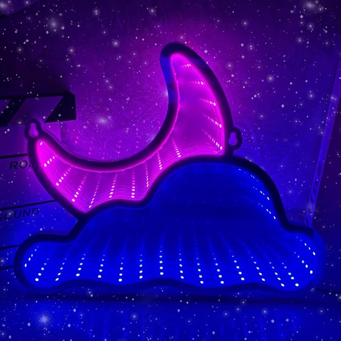 Infinity Mirror LED Neon Sign Wall Decor – Cloud & Moon 3D Light for Bedroom, Game Room, Living Room, USB Powered Aesthetic Night Lamp, Blue Pink Ambient Neon Wall Art, Layered Acrylic PET Design 12"x9"