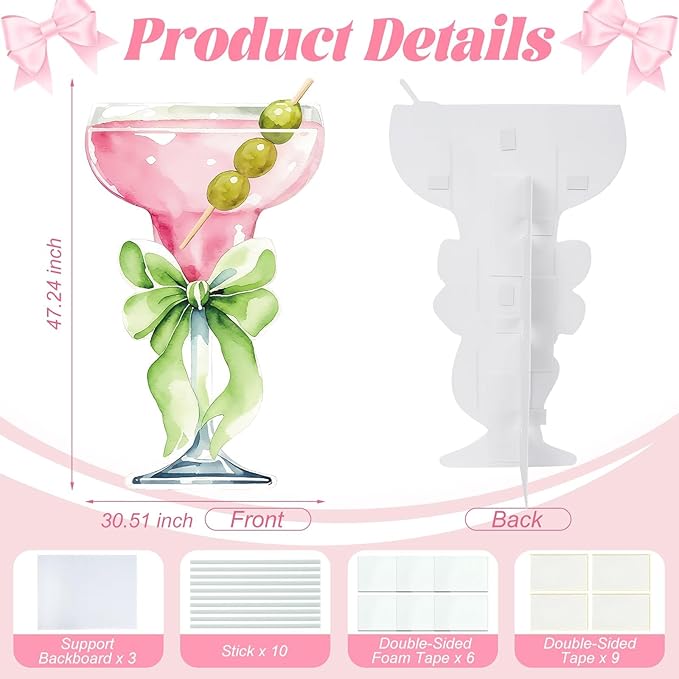 Lawnldyll 4ft Large Pink Martini Bow Cardboard Cutout A Tini Bit Older Birthday Cutout Stand Pink Margarita Backdrop Decorations for Women Coquette Bachelorette Bridal Shower Cocktail Party Decor