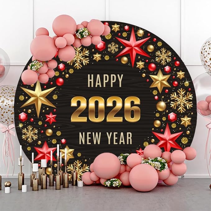 YongFoto Happy 2026 New Year Round Backdrop Cover 6ft Black Gold Red Photography Background Merry Christmas Xmas Eve New Year's Night Festival Carnival Family Celebration Party Banquet Decor Banner