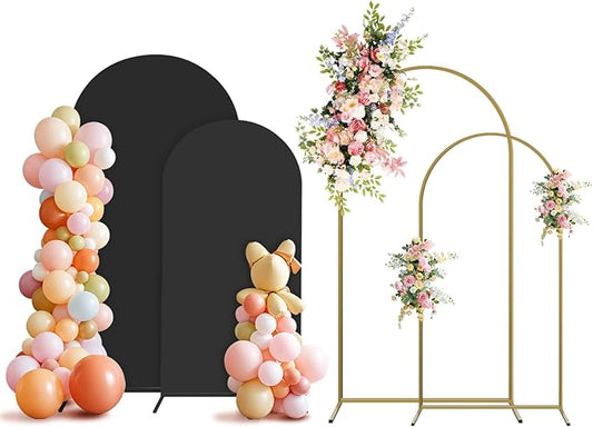 Arch Backdrop Stand and Cover Set, 3 Metal Balloon Arch Backdrop 7.2ft 6ft, Gold Arched Stand Frame for Wedding, Parties,Birthday, Backdrop Decorations (Black,7.2ft+6ft)