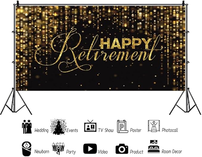 15x8ft Happy Retirement Photography Backdrop Luxury Black and Gold Party Backdrop Background Gold Glitter Celebrate Retirement Party Decorations Wallpaper Studio Props Bokeh Banner Supplies
