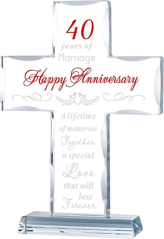 YWHL 40th Wedding Anniversary Cross Gifts for Parents, 40 Years of Marriage Glass Standing Cross Keepsake for Couple, 40 Years Aniversary Decorations for Home Party