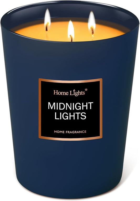 HomeLights Highly Scented Soy Candles Big 33.3 oz for Home. 3 Cotton Wicks, Smokeless Long Lasting 130 hrs in Midnight Lights. 5x6, Great Gift for Women & Men