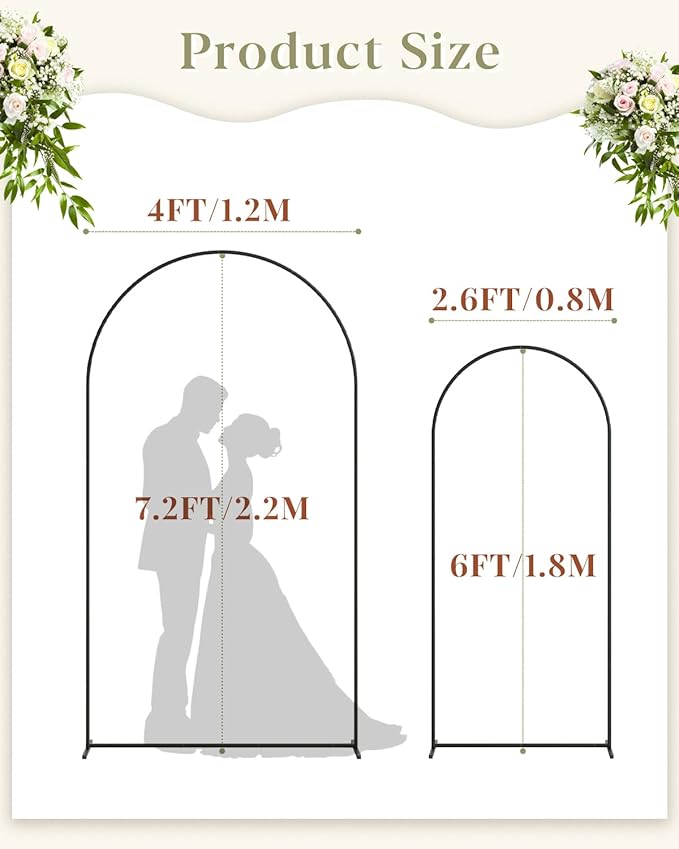 Wedding Arch, Metal Arch Backdrop Stand, Balloon Arch Stand Wedding Frame for Ceremony Decoration (Black, 7.2FT, 6FT Arch Backdrop)
