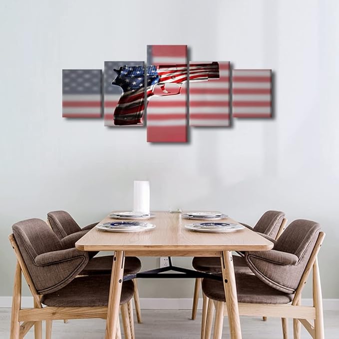 Wall Art American Flag Gun Canvas Painting Blue and Red Line Modern Home Decor 5 Panels Wall Art Picture for Living Room Wall Decorations Print Decor Living Room Framed Ready to Hang 50"Wx24"H