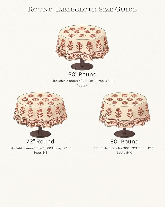 ATOSII Santorini 100% Cotton Round Boho Fall Tablecloth, Handblock Floral Table Cloth Linen for Kitchen Dining I Parties Wedding Outdoors Christmas Thanksgiving I Fall Home Decor 72" Inches Round