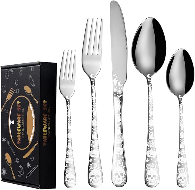 XIAOYU 40 Piece Halloween Gothic Skull Pattern Silverware Set, Stainless Steel Flatware Set for 8, Tableware Cutlery Set with Unique Skull Design, Perfect for Halloween Easter and Christmas, Silver