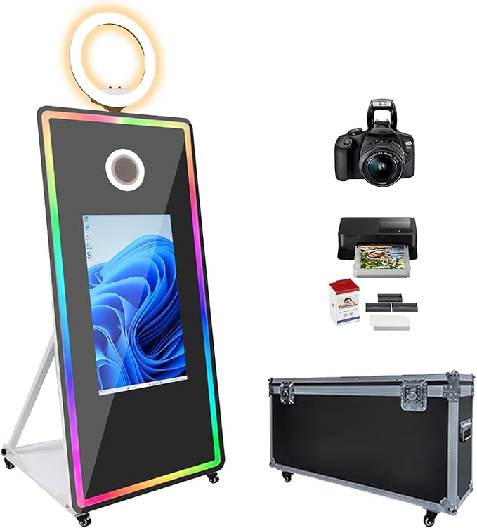 Photo Booth with Printer and DSLR Camera Magic Mirror Photo Booth for Party Events Wedding Rental 32-inch Interactive Touch Screen Selfie DSLR Photobooth Built-in Mini PC Ring Light RGB LED Frame
