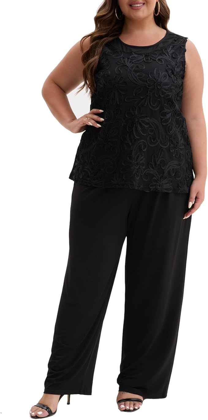 Plus Size 3 Piece Floral Embroidered Pantsuit Set Women Mother of Bride Wedding Guest Formal Evening Cocktail Party Attire