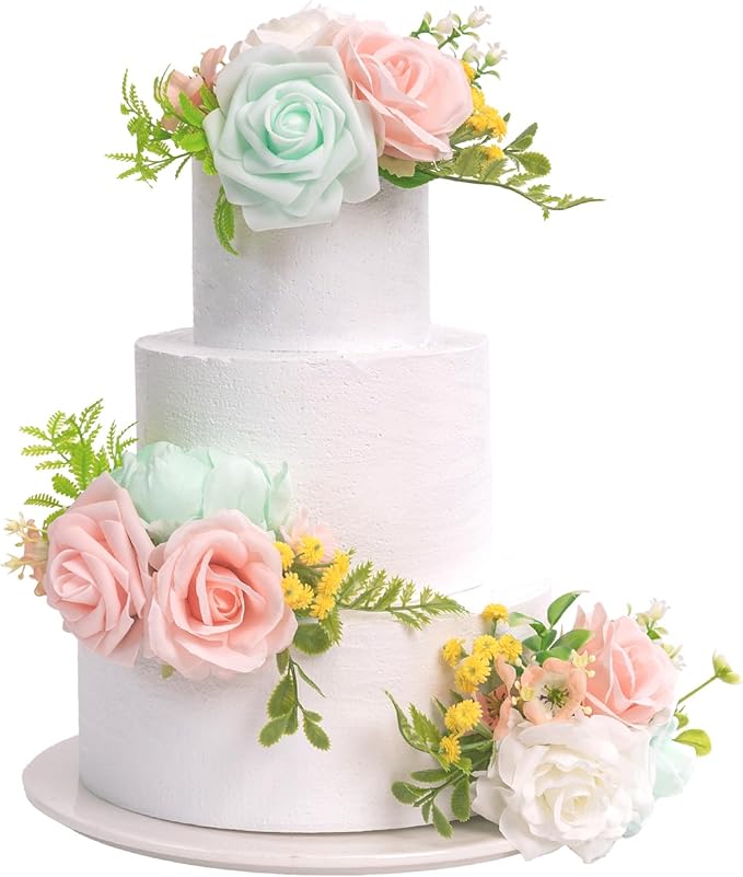 TINGE TIME 3Pcs Pre-made Cake Toppers，Silk Artificial Flowers Decor，Cake Decorations for Weddings, Birthdays, Party,Baby Shower,Celebration (Mint Green and Pink)