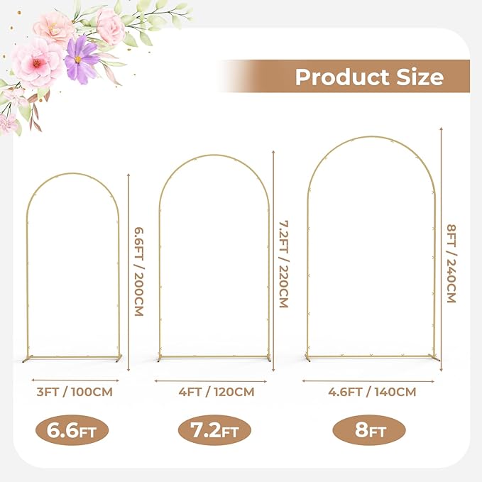 Babenest Gold Arch Backdrop Stand Set of 3, 6FT/6.6FT/7.2FT Metal Arch Weeding Stand, Balloon Arch Frame for Ceremony Birthday Party Bridal Baby Shower Banquet Decoration (6.6FT 7.2FT 8FT)