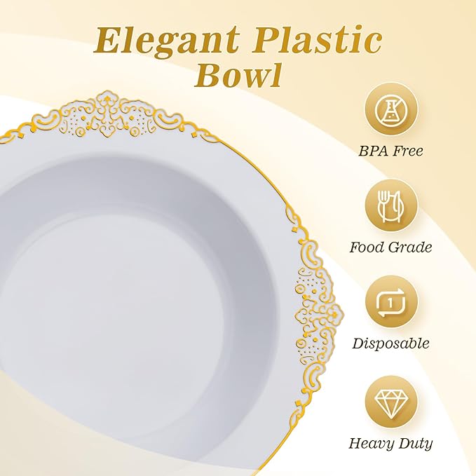 100 Pack White Plastic Bowls with Gold Relief Rim, 12oz Plastic Salad Bowl, Disposable Bowls for Party, Dinners, Weddings, Christmas, Thanksgiving, Valentine's Day