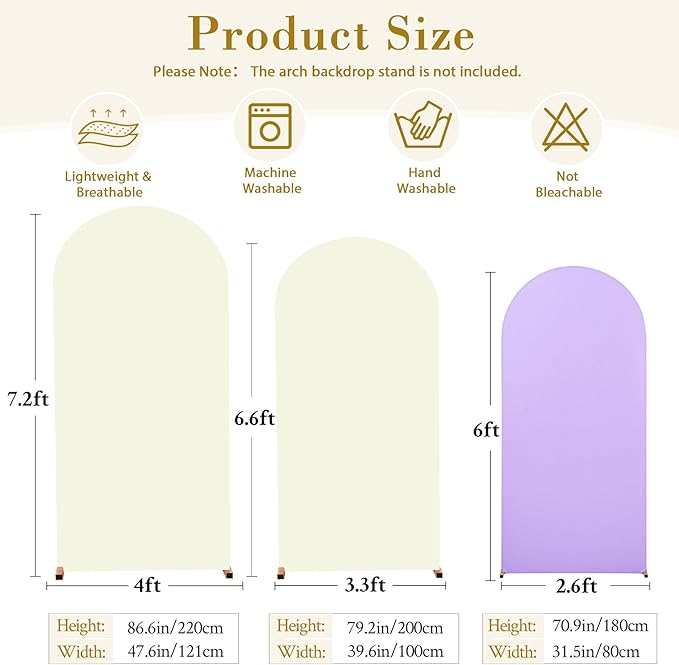 Beige and Purple Arch Cover 3 Set-7.2FT, 6.6FT, 6FT Arch Backdrop Cover Spandex Fitted 2- Color Fabric Arch Stand Covers for Baby Shower Birthday Party Wedding Bridal Shower Photo Background
