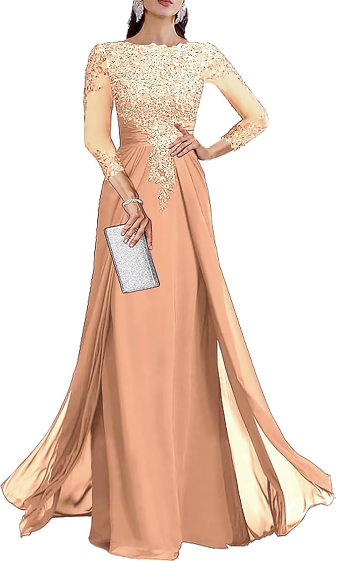 Long Sleeve Mother of The Bride Dresses for Wedding Lace Appliques Chiffon Formal Dress He6052