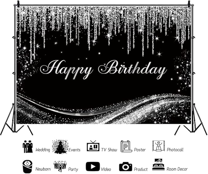 Renaiss 12x10ft Silver Birthday Backdrop for Photoshoot Man Woman Portrait Gray Floating Glitters Luxury Graceful Black Photography Background Happy Birthday Banner Bday Party Decors Photo Booth Props