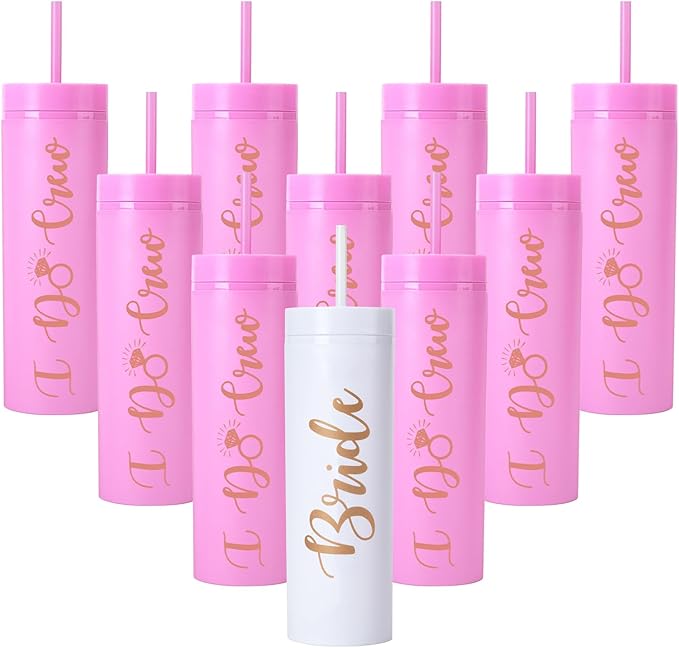 10 Pack Bride to Be Skinny Tumbler | 16 oz Bride & I Do Crew Tumblers | Bachelorette Party Cups | Engagement Wedding Gifts Bridesmaids Mugs Bachelorette Party Supplies & Games(Pink)