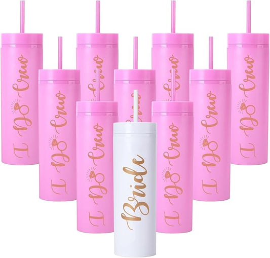 10 Pack Bride to Be Skinny Tumbler | 16 oz Bride & I Do Crew Tumblers | Bachelorette Party Cups | Engagement Wedding Gifts Bridesmaids Mugs Bachelorette Party Supplies & Games(Pink)