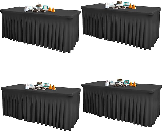 4 Packs Black Table Clothes for 8 Foot Rectangle Tables, Wrinkle Resistant Stretch Spandex Table Covers Fitted Tablecloth with Skirt for Event Banquet Wedding Birthday Party