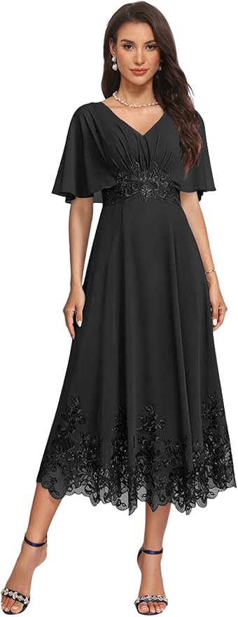Tea Length Mother of The Bride Dress with Sleeves Laces Formal Evening Gowns for Wedding V Neck Wedding Guest Gown ZMX37