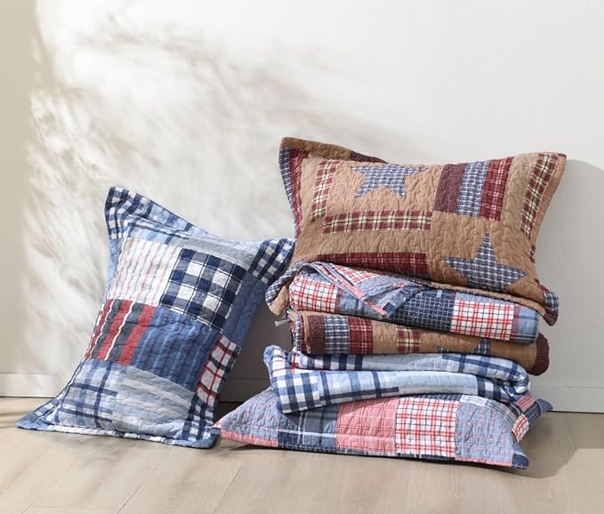 Cotton Bedding Quilt Sets Reversible Real Patchwork Coverlet Sets All Season Blue Bedspread, Plaid Patchwork Pattern,Queen Size