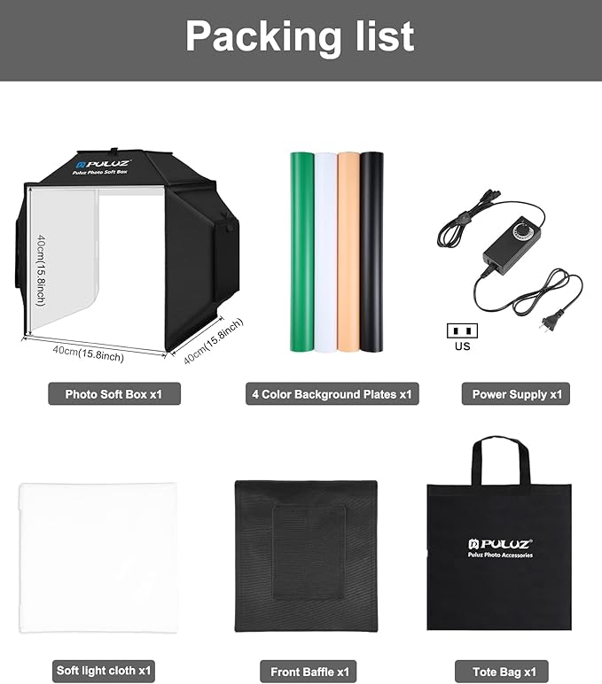 PULUZ Photo Studio Light Box 16'' x 16'' x 16'' Portable Foldable Photo Tent Light Box 24W Professional Studio Shooting Tent Soft Box with Carry Bag and 4 Color Backdrops (Black, Orange, White, Green)