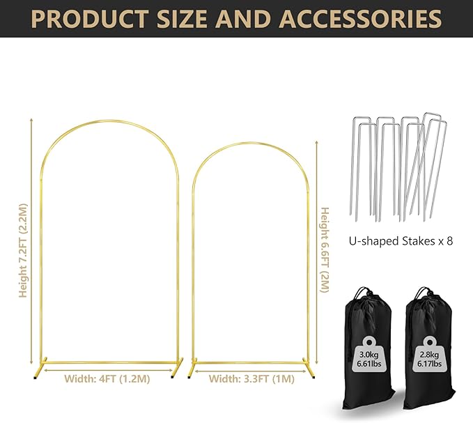Wedding Arch Backdrop Stand Set of 2 Gold Metal Balloon Arch Stand 7.2FT & 6.6FT Backdrop Frame for Birthday Party Wedding Ceremony Graduation Bridal Baby Shower Event Decor