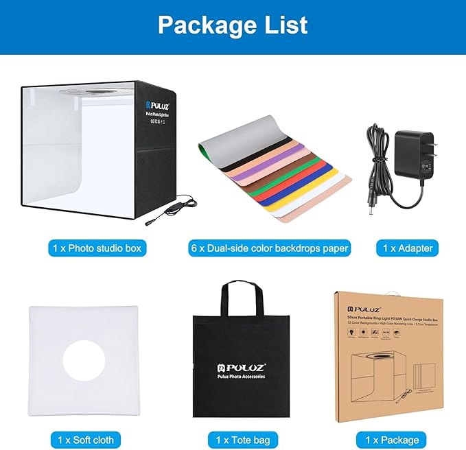 Light Box Photography 20x20in, PULUZ Portable Photo Studio Light Box with 200 LED Lights ＆12 Color backdrops Professional Photography Lighting Tent Kit for Big Product Photography Lightbox