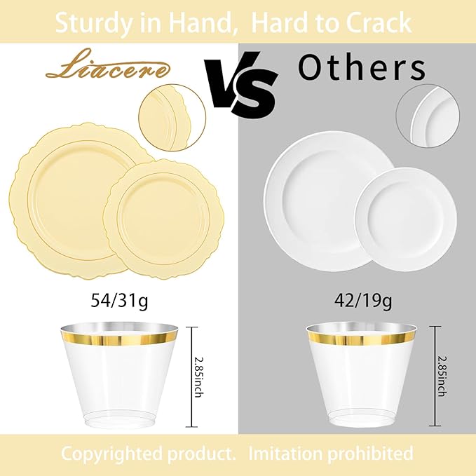 Liacere 350PCS Yellow Plastic Plates - Yellow Disposable Plates With Gold Rim-50Guest Baroque Plastic Dinnerware include 100 Plates,50 Pack Pre Rolled Napkins with Silverware 50Cups for Wedding＆Easte