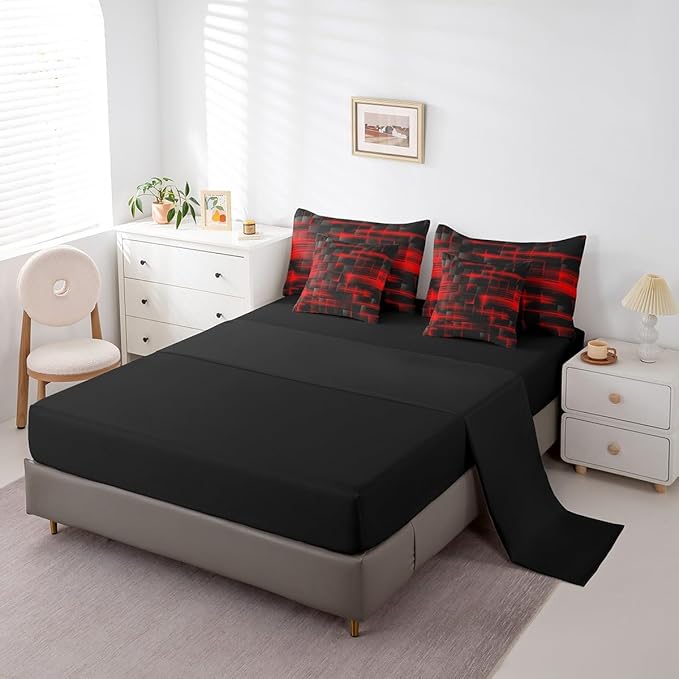 Feelyou Red Black Bedding Set Twin Size Boys Girls Geometric Strip Lines Comforter Set with Sheets 7 Piece for Bed in a Bag Abstract Modern Bed Set with Comforter,Sheets,Pillowcases