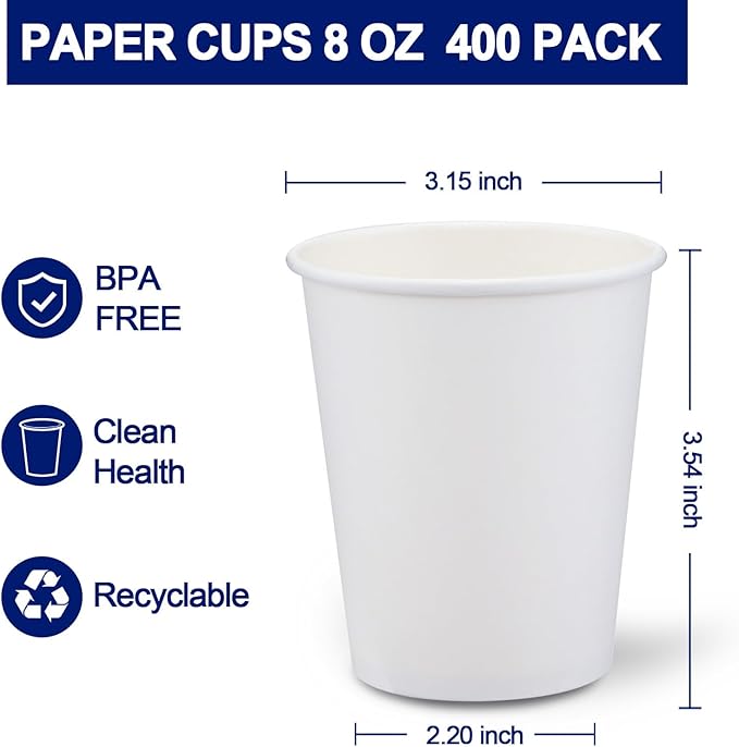 400 Count Paper Cups 8 oz, Disposable Coffee Cups Bulk, Thickened Durable Drinking Cups for Hot or Cold Beverage, Home, Office, Party, Business, Events