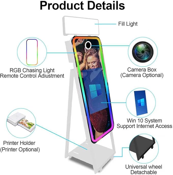 Magic Mirror Photo Booth,Mirror Photo Booth Interactive Touch Screen with Flight Case, Built-in Mini PC with Instant Print and Sharing for Event Party Wedding Rental (White, 21.5''Screen Full set)
