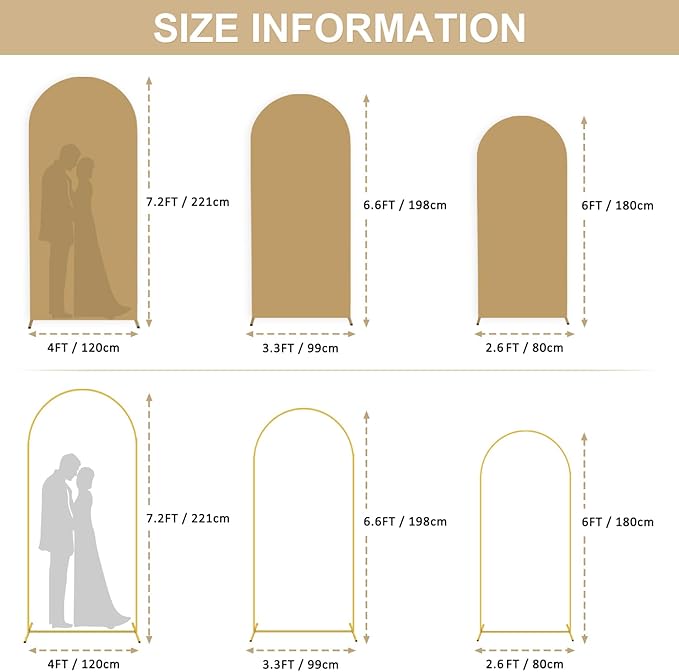 Arch Backdrop Stand and Cover Set 6FT, 6.6FT, 7.2FT Metal, Brown Spandex Arch Backdrop Cover for Wedding, Baby Shower, Banquet Decorations