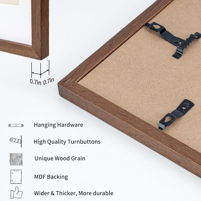 Axeman 11x14 Picture Frame with Mat for 8x10, Solid Oak Wood Picture Frames with Tempered Glass, Natural Wooden 11x14 inch Photo Frame for Wall with Wall Hook Included, Set of 2, Walnut