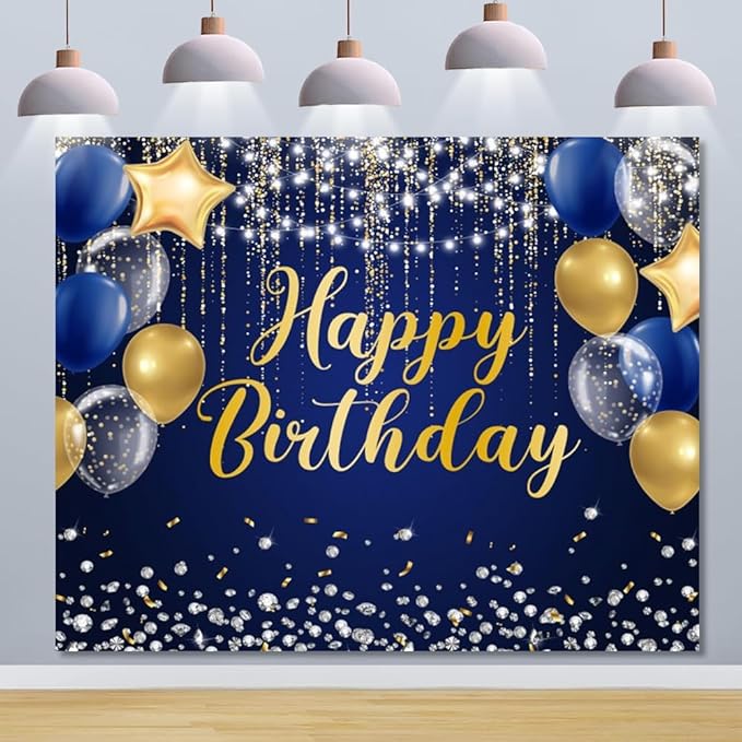 Navy Blue and Gold Happy Birthday Backdrop 10x8ft Royal Blue Birthday Banner Large Happy Background Decorations Supplies for Men Women Boys Girls
