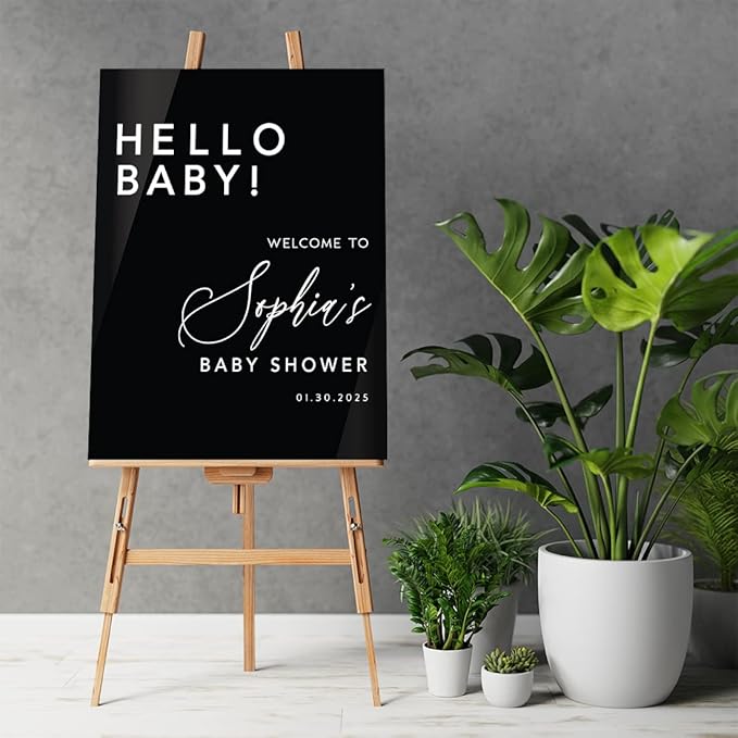 Andaz Press 16"x20" Black Acrylic Personalized Baby Shower Welcome Sign, Gender Neutral Large Custom Sign for Easel Stand, Hello Baby Shower Decorations