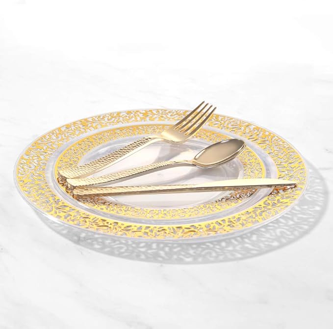 Supernal 360pcs Plastic Gold Silverware,Cutlery,Disposable Utensils,120 Plastic Knives,120 Gold Forks,120 Disposable Spoons,Perfect for Birthday,Party,Wedding