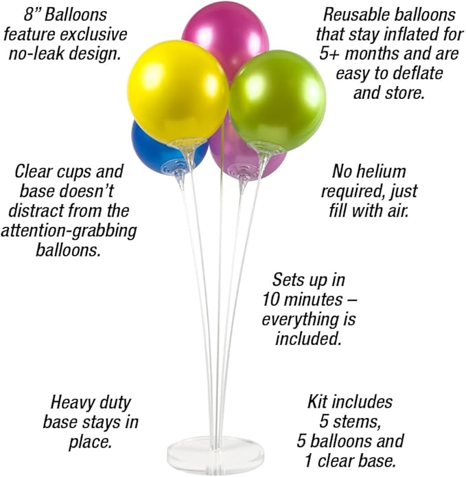 Reusable Balloon Tabletop Kit - Helium-Free Vinyl Bouquets - Lasting Inflation - Includes 5 Balloons, Stems & Acrylic Base, for Business, Schools & Events (Tropical Combo)