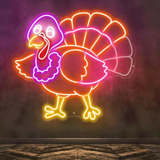 3D Turkey Tail Moving Neon Sign, Turkey Thank Giving days, Thanksgiving Rooster Turkey Neon Sign, Thanksgiving party Decor Size:20x18inches